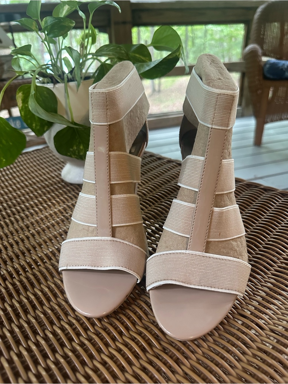 Beige Strappy Women's Heels - Neutral Elastic Band Sandals.